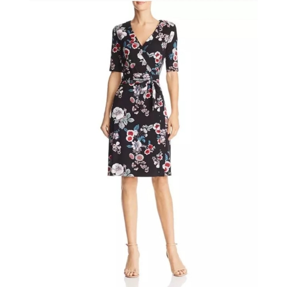 Adrianna Papell Womens Floral Faux Wrap Midi Dress 8 Tie Waist Elegant Feminine